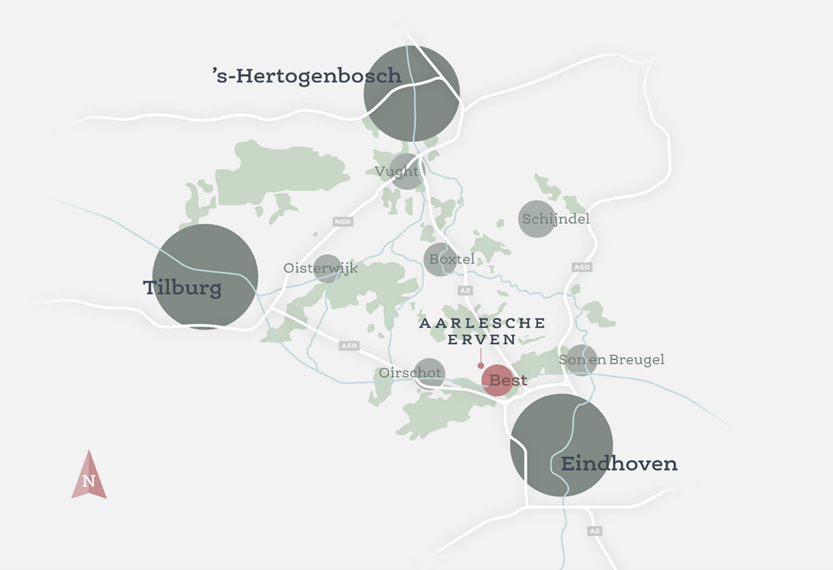 Kaart van het gebied tussen de grote steden Tilburg, Den Bosch en Eindhoven met daarop aangegeven de centrale ligging van de wijk Aarlesche Erven